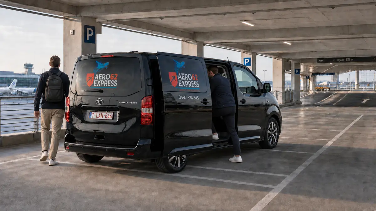 Van Aero62 Express au parking à étage de l'aéroport avec deux voyageurs